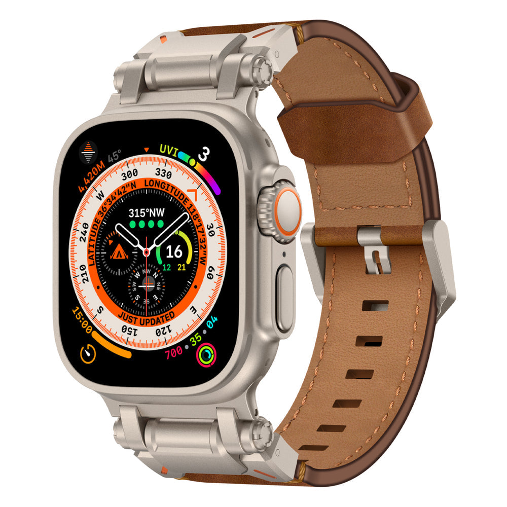 New Titanium Metal Head Leather Band For Apple Watch