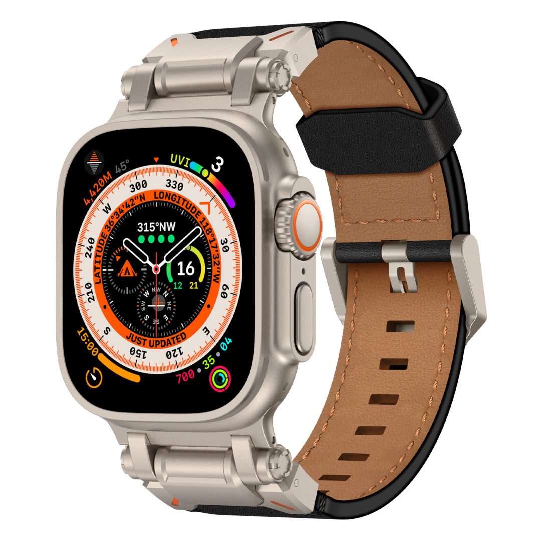 New Titanium Metal Head Leather Band For Apple Watch