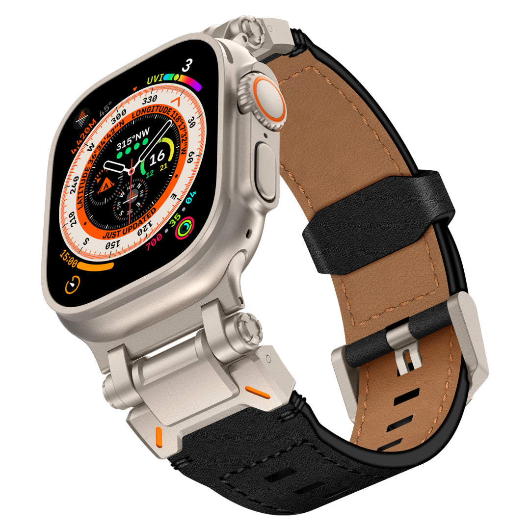 New Titanium Metal Head Leather Band For Apple Watch